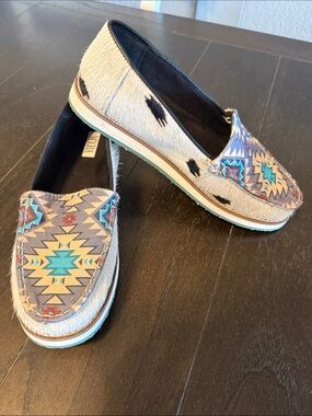 MYRA cowhide Beige Haircalf Slip-On Loafers with Turquoise Aztec Print